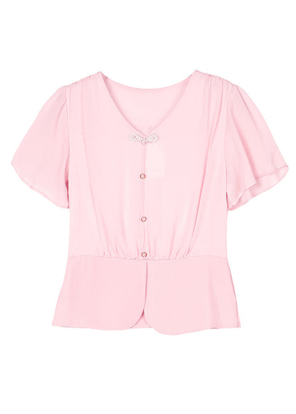 Pink Patchwork Chiffon Top V Neck Wrinkled Summer