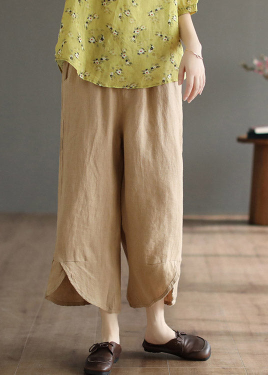 Khaki Patchwork Elastic Waist Linen Wide Leg Pants