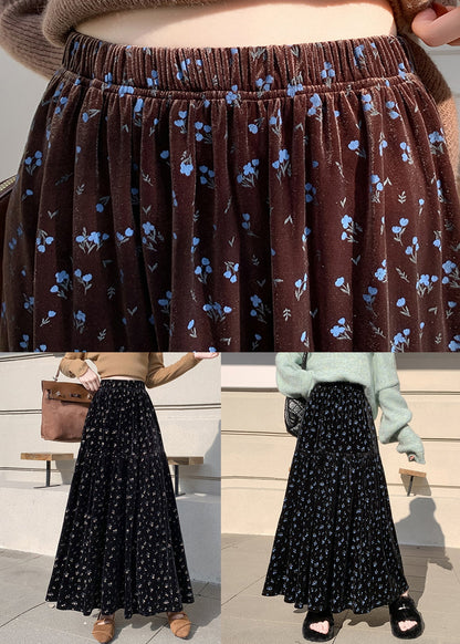 Apricot Print Wrinkled High Waist Velvet Skirts