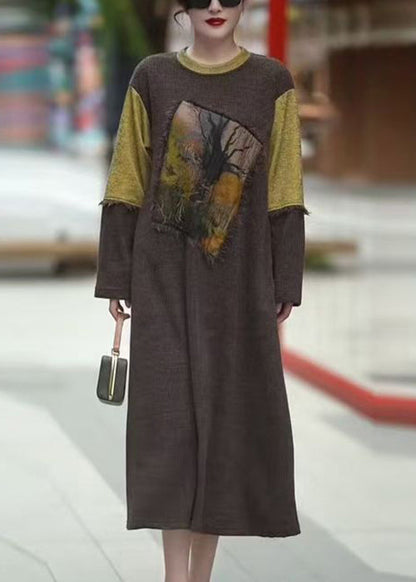 Coffee O-neck Patchwork Knit Dress Winter