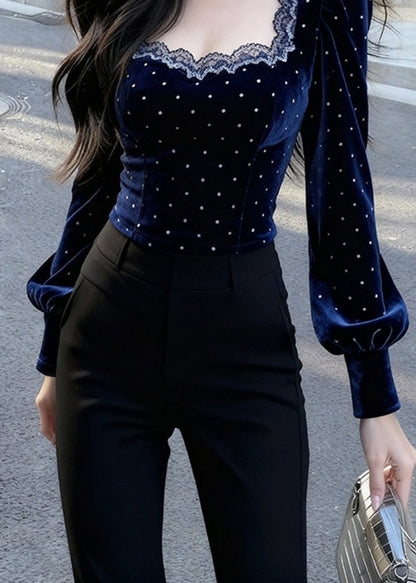 Blue Square Collar Lace Patchwork Silk Velour Tops Spring