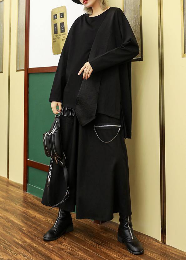 Asymmetric Cotton Linen Tops Black Shirts O Neck Patchwork