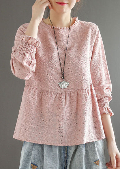 Handmade Pink O-neck Patchwork Jacquard Fall Top Long Sleeve