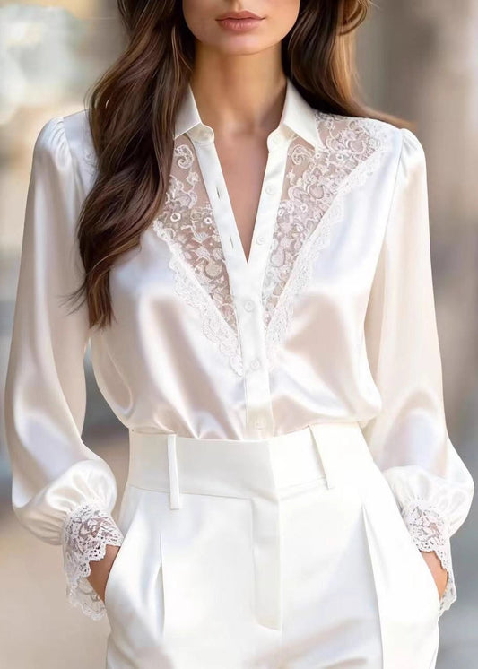 Unique White V Neck Lace Patchwork Silk Shirt Spring