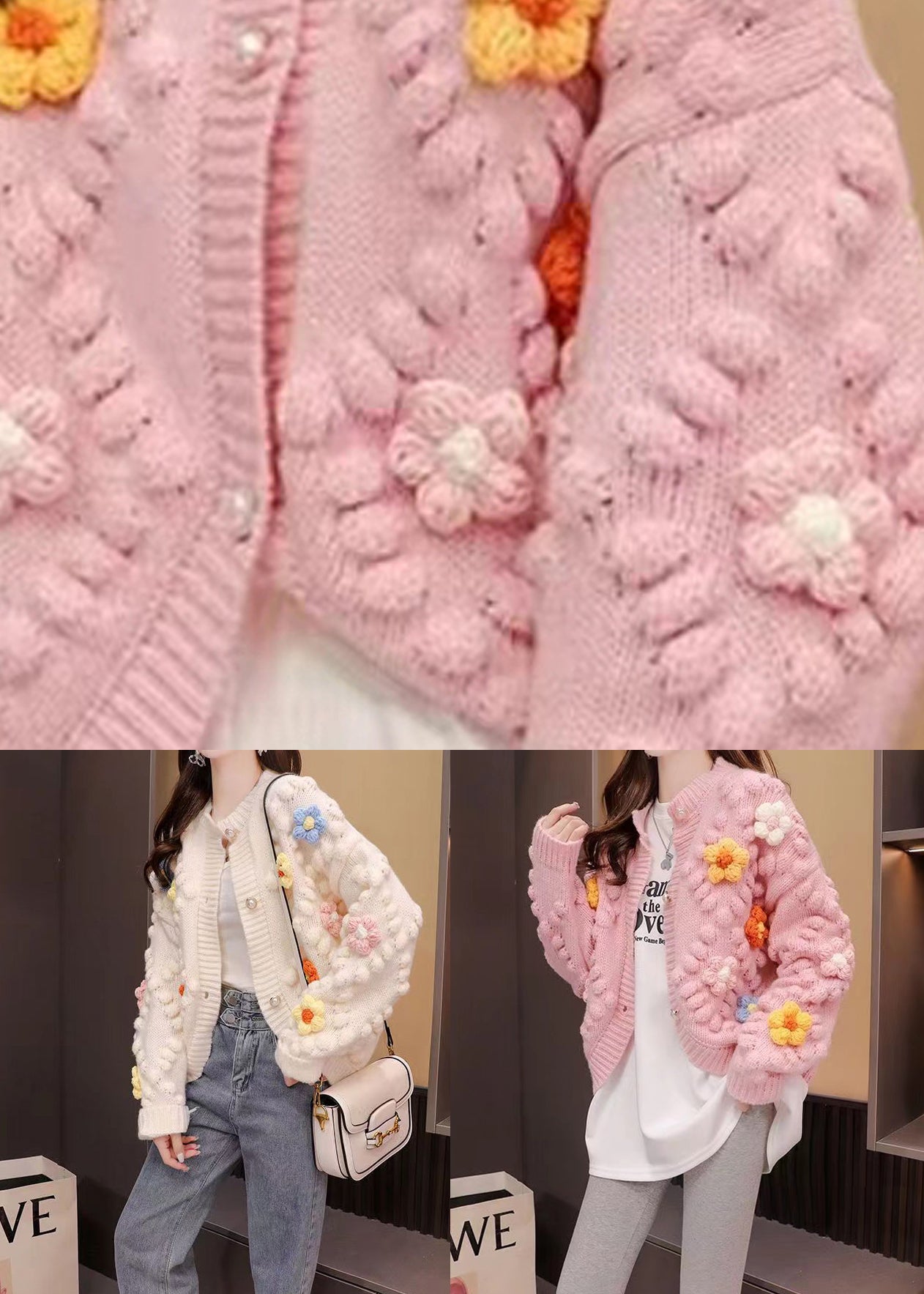 French Pink O Neck Patchwork Knit Cardigan Fall