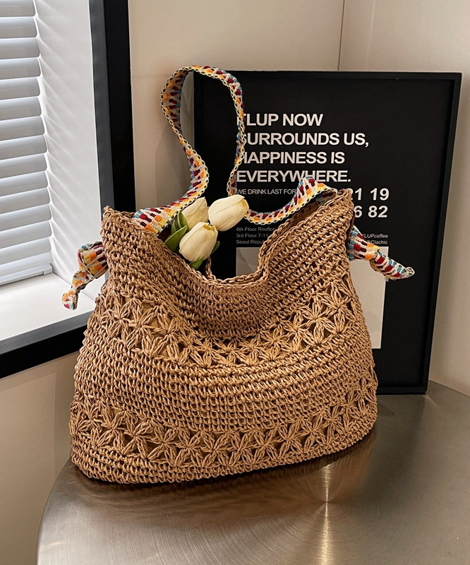Beige Hollow Out Knit Holiday Shoulder Bags