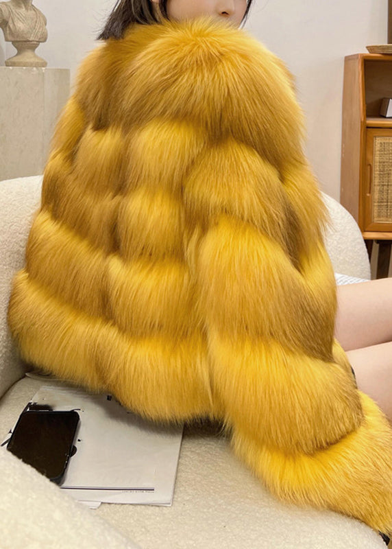 Classy Yellow Fox Collar Leather and Fur Coats Winter