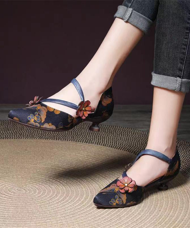 Blue Retro Print High Heels Pointed Toe