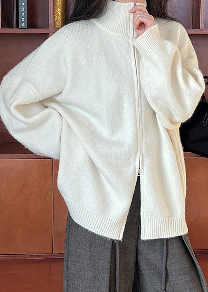 Apricot Stand Collar Zippered Cotton Knit Cardigans Fall