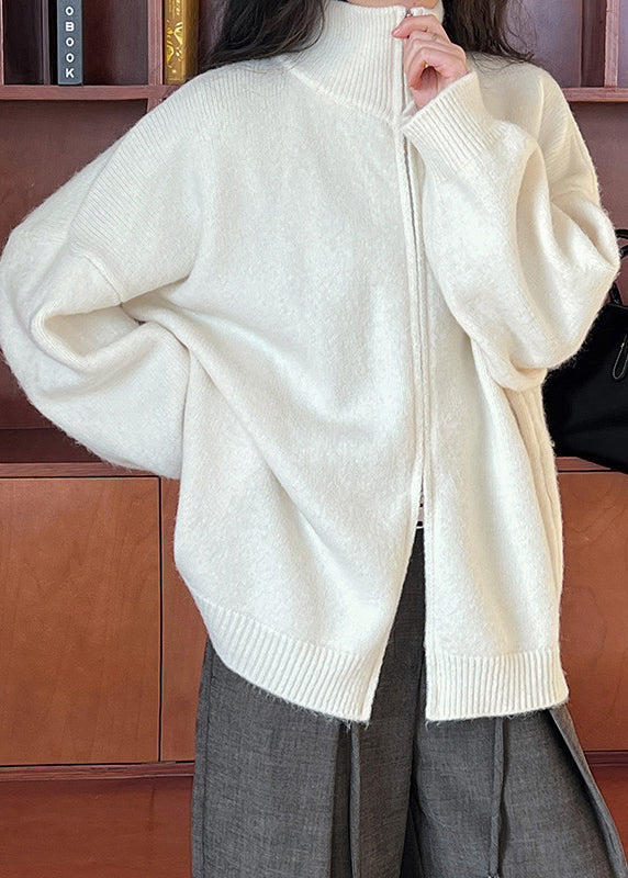 Apricot Stand Collar Zippered Cotton Knit Cardigans Fall