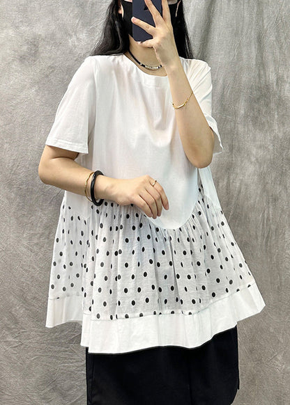 Khaki O Neck Dot Patchwork Cotton T Shirts Top Summer