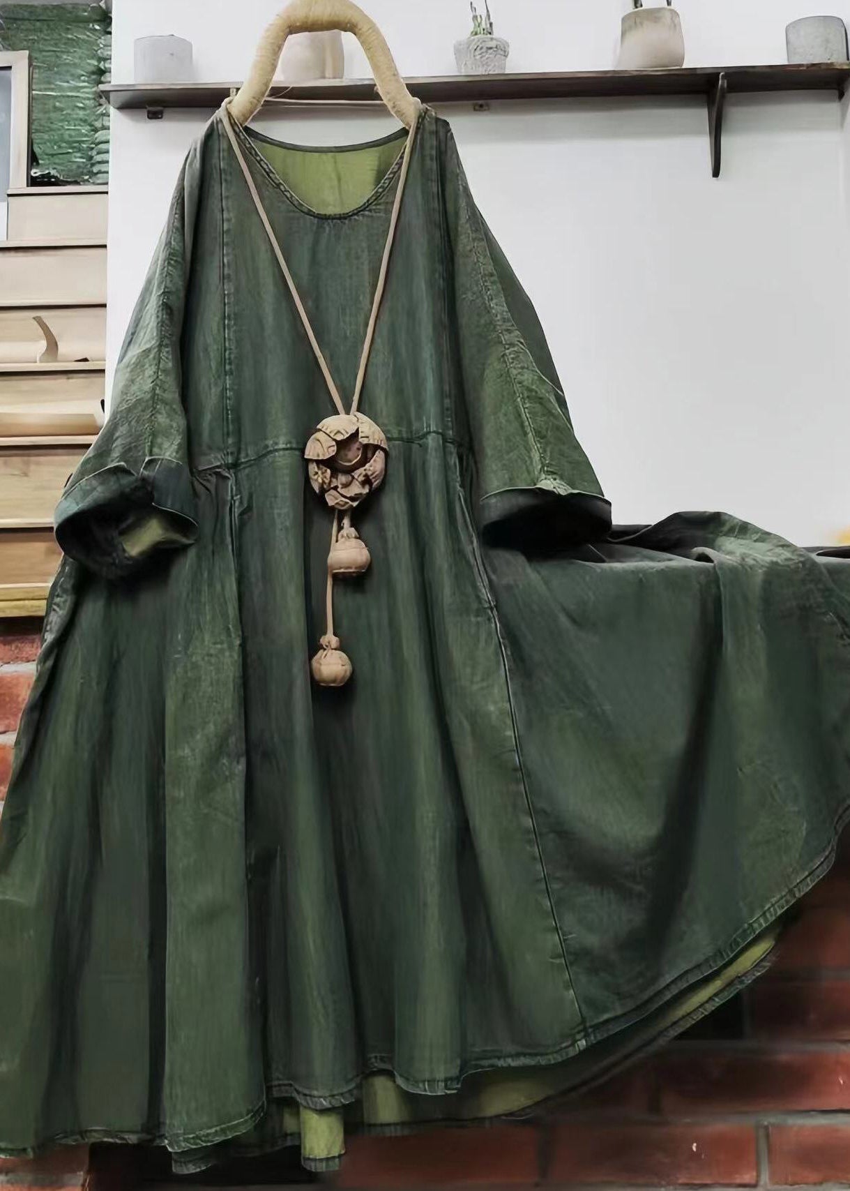 Loose Green O Neck Cotton Mid Dress Long Sleeve