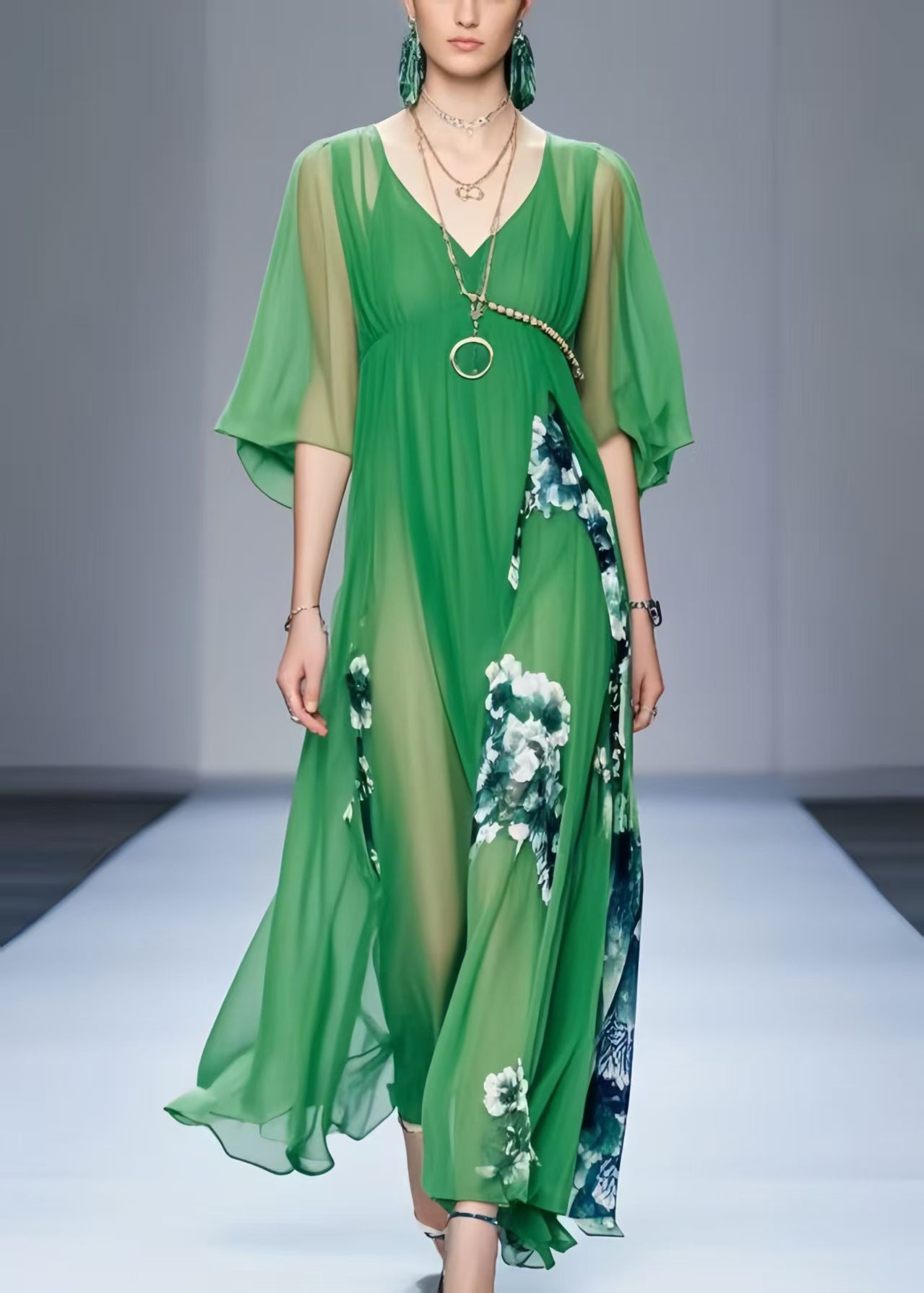 Fine Tea Green Print Draping Chiffon Dresses Summer