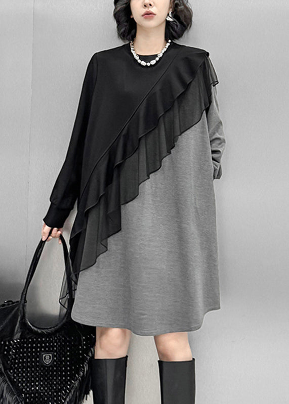 Grey O-neck Tulle Patchwork Cotton Knit Long Sweater Dress Lantern Sleeve