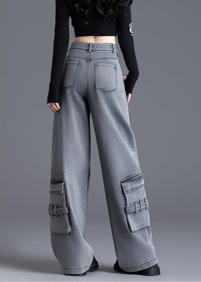 Black Pockets Patchwork High Waist Denim Pants Spring