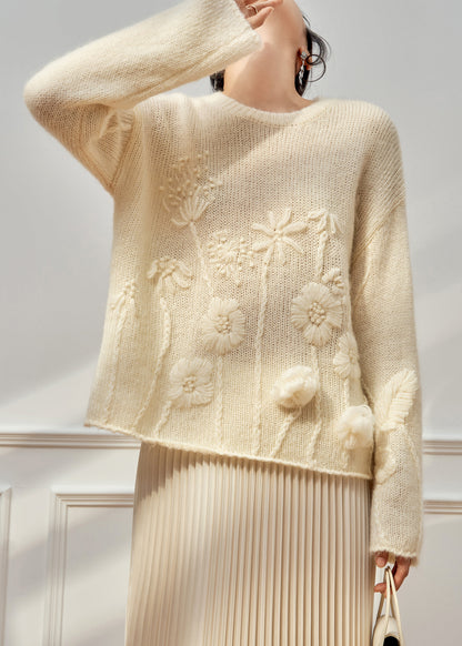 Handmade Beige O Neck Cozy Knit Sweater Tops Fall