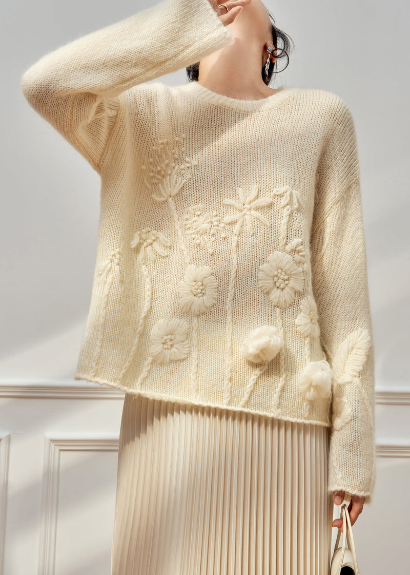 Handmade Beige O Neck Cozy Knit Sweater Tops Fall