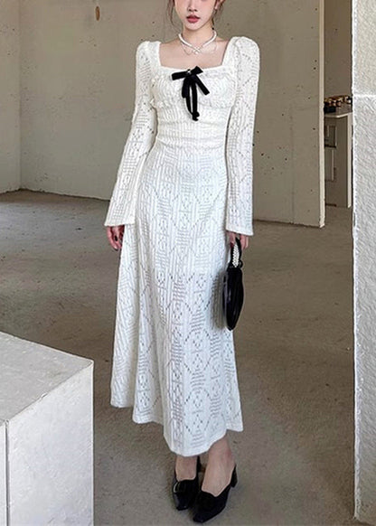 White Square Collar Hollow Out Cotton Long Dresses Spring
