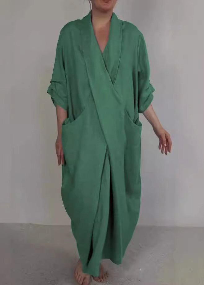 Loose White V Neck Pockets Patchwork Cotton Dress Fall