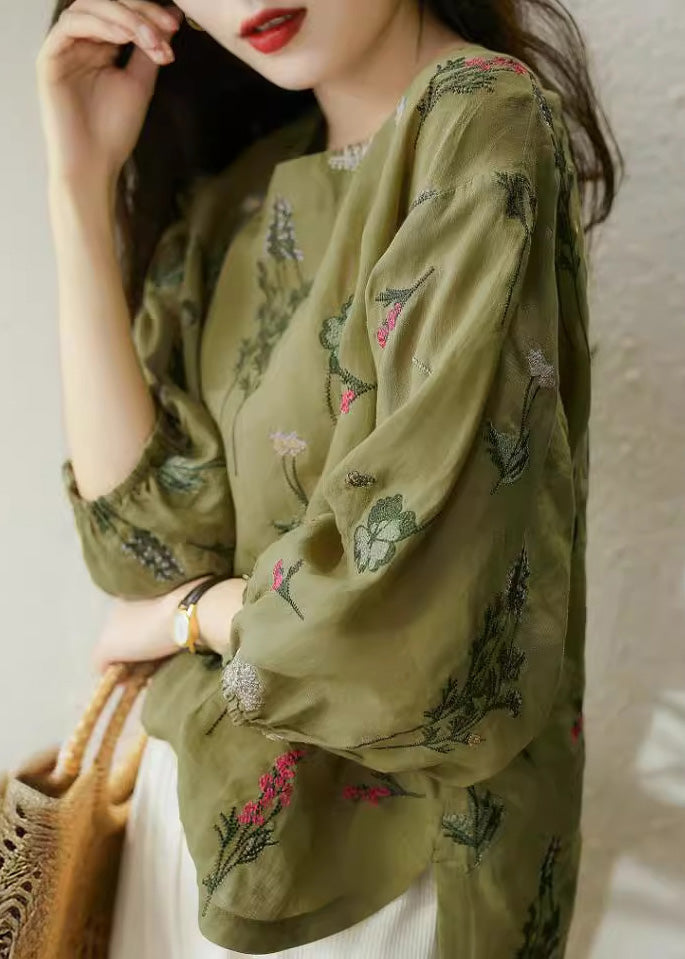New Green O-neck Embroidered Cotton Shirts Bracelet Sleeve