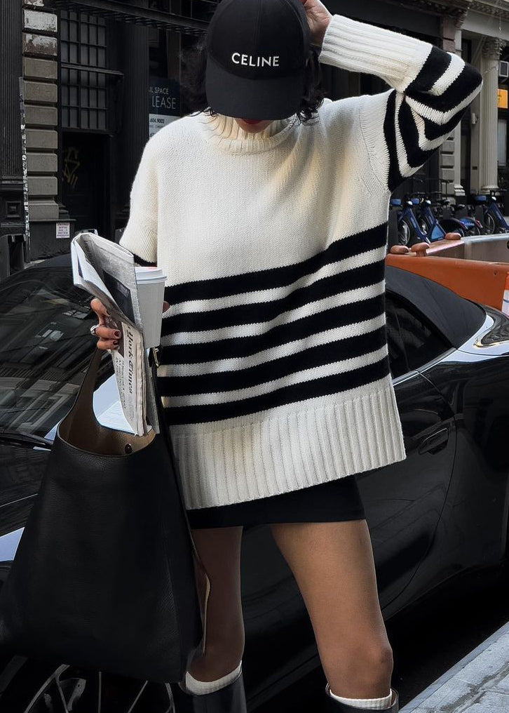 French White Hign Neck Striped Knitwear Sweaters Dress Spring