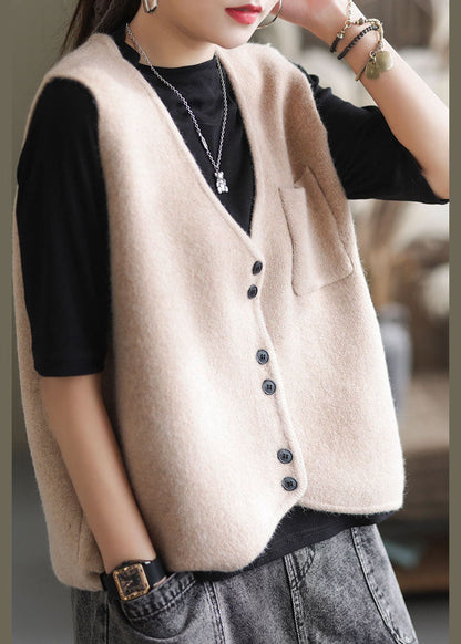 Simple Apricot V Neck Pockets Knit Tank Tops Sleeveless