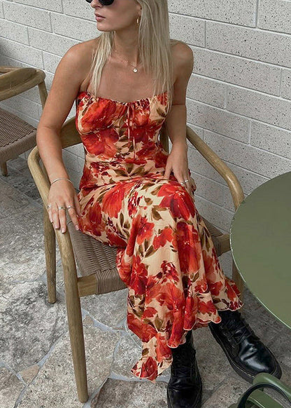 Print Backless Lace Up Cotton Spaghetti Strap Dress Sleeveless