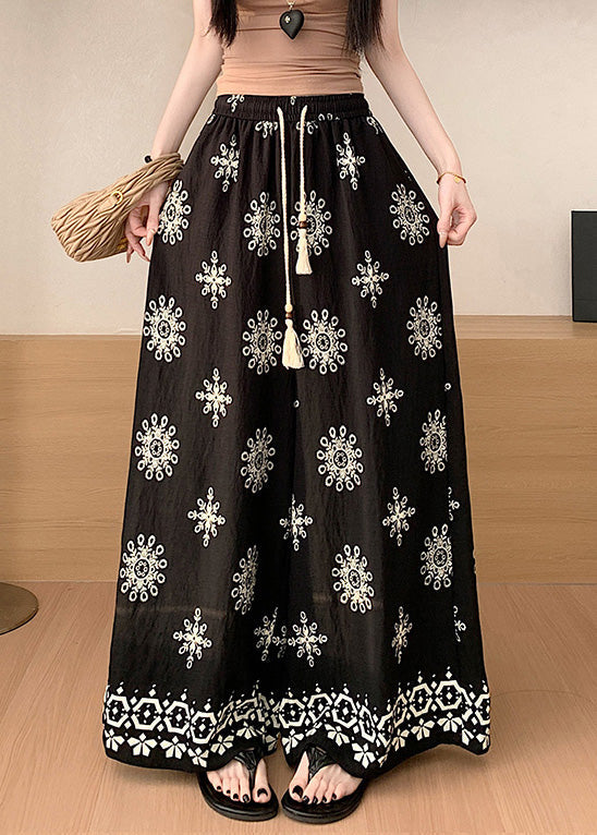 Apricot Print Elastic Waist Cotton Wide Leg Pants Summer