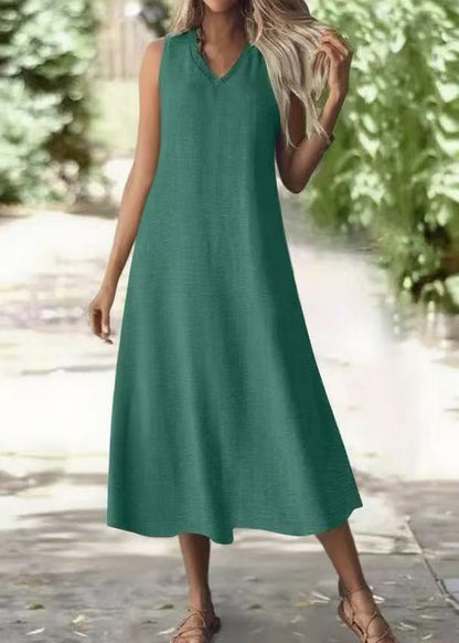 Simple Green V Neck Cotton Long Dress Sleeveless