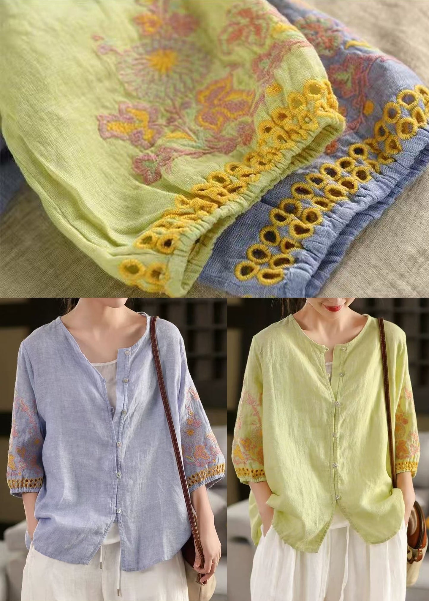 Light Green Embroidered Linen Shirts Bracelet Sleeve