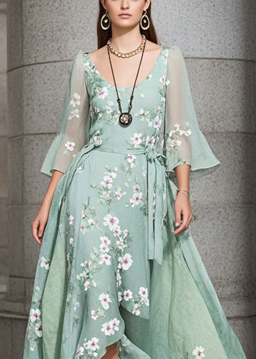 Green Asymmetrical Print Exra Large Hem Chiffon Holiday Dress Summer