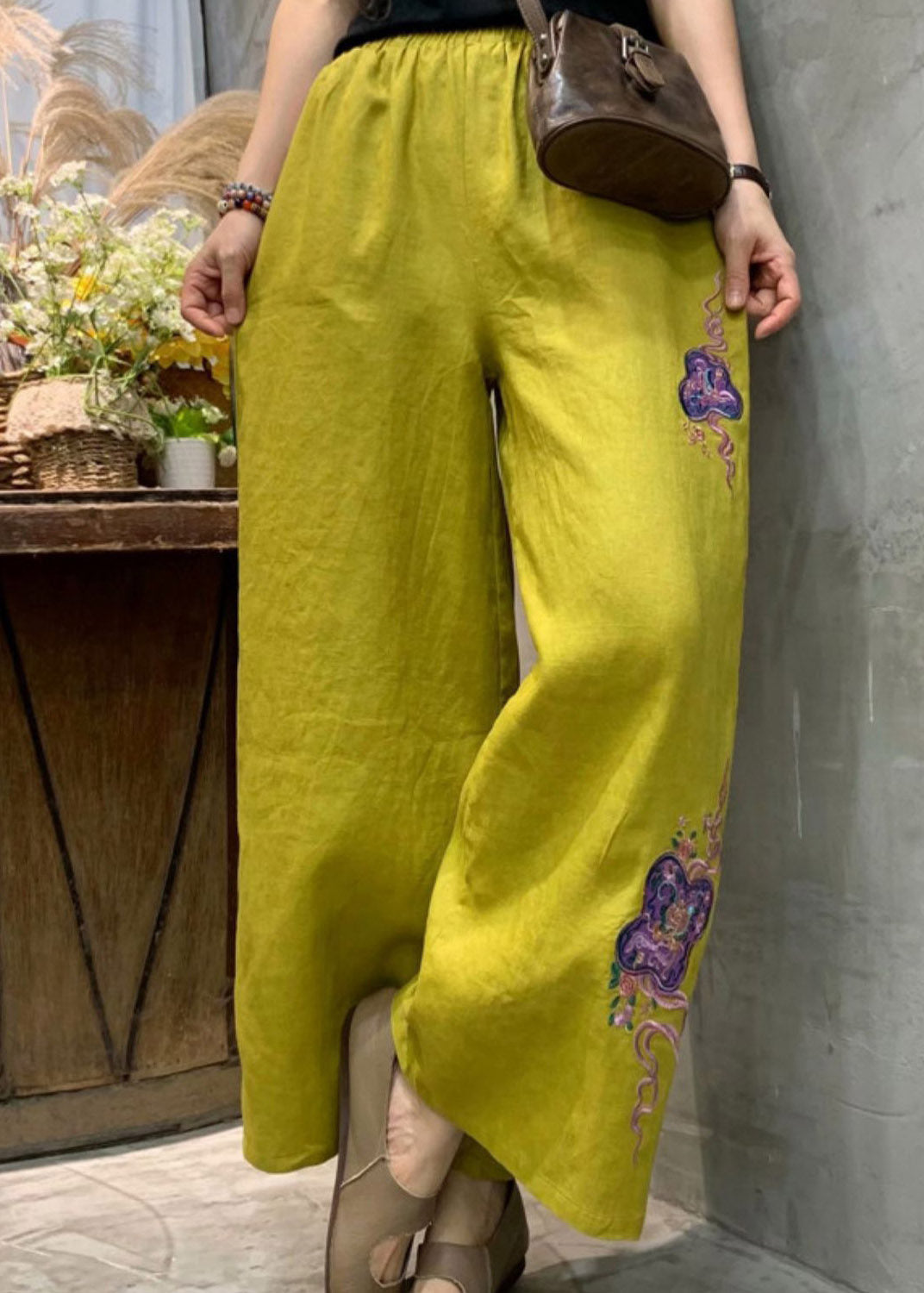 Yellow Embroidered Linen Wide Leg Pants Summer
