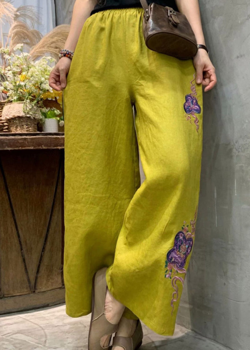Yellow Embroidered Linen Wide Leg Pants Summer