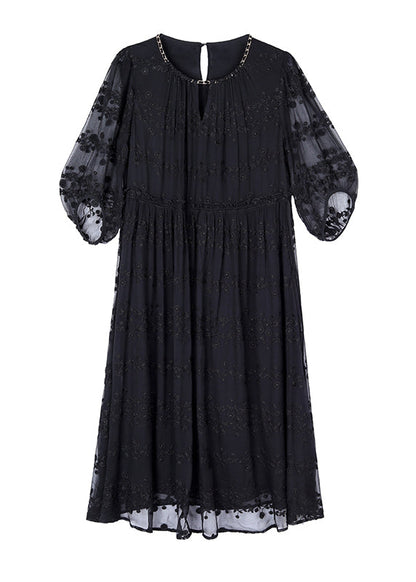 Black Embroidered Silk Long Dresses Bracelet Sleeve