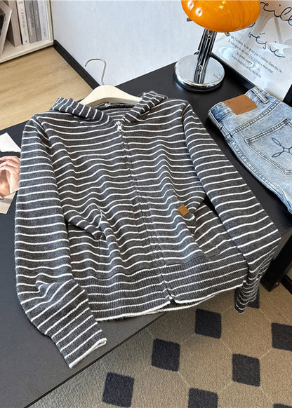 Grey Zip Up Striped Hooded Knit Coats Spring