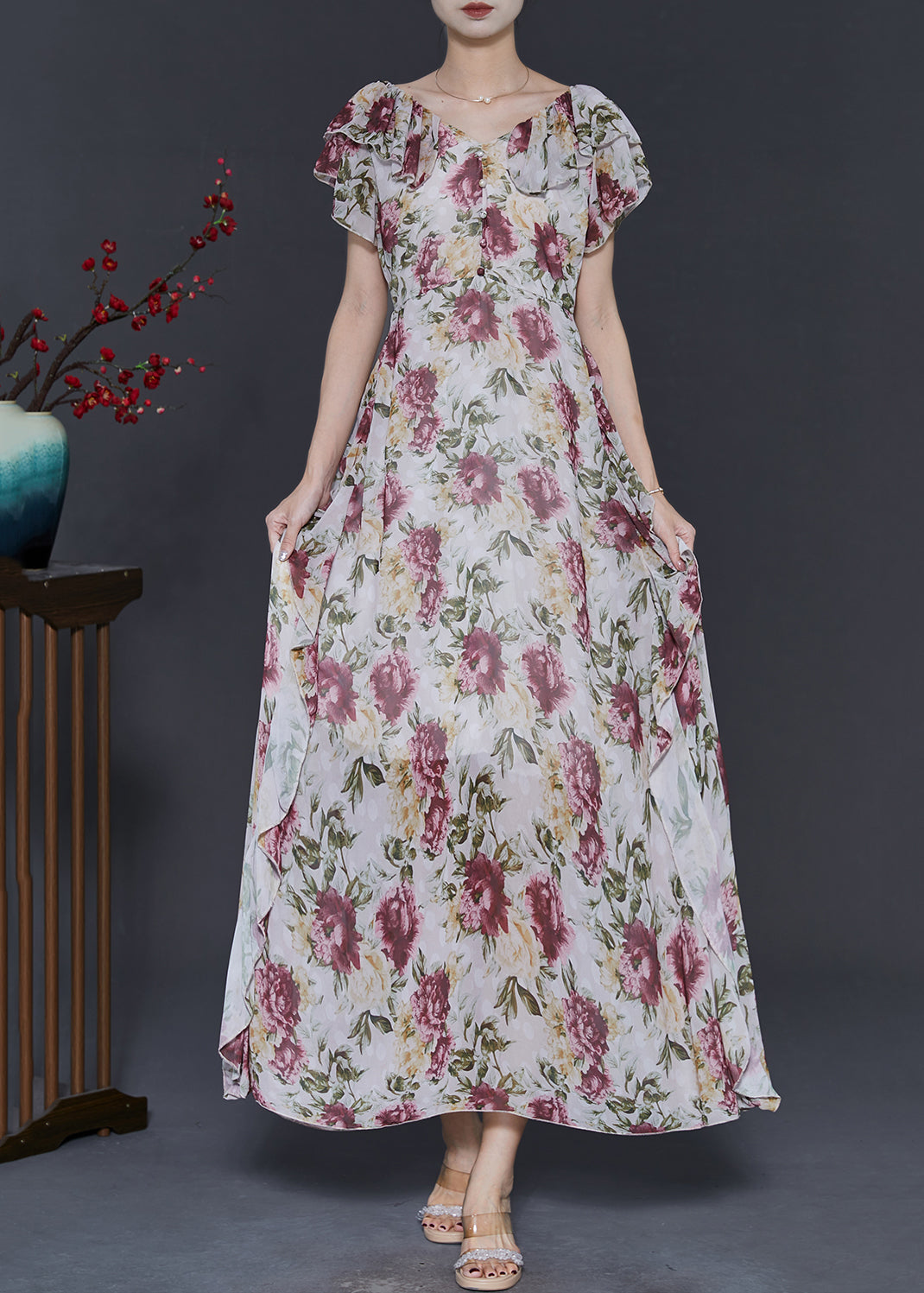 Diy Apricot Ruffled Print Chiffon Dresses Summer