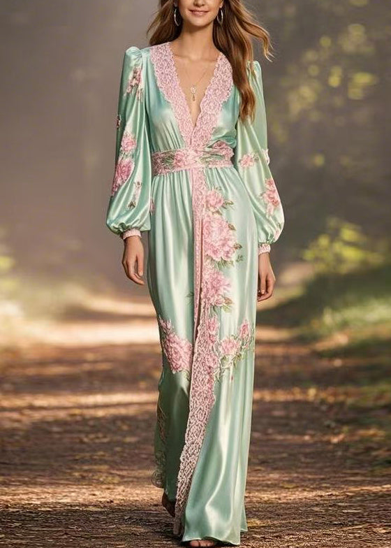 Green V Neck Print High Waist Silk Long Dress Spring