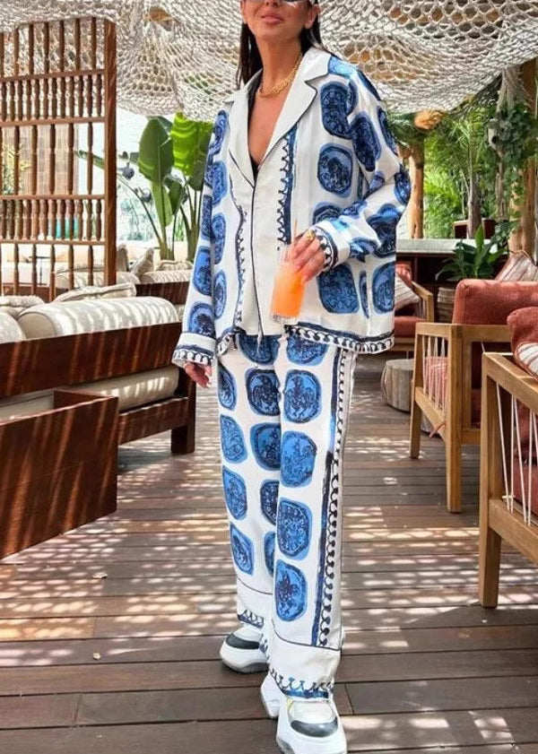 Blue V Neck Print Shirts and Wide Leg Pants Two Piece Set Fall