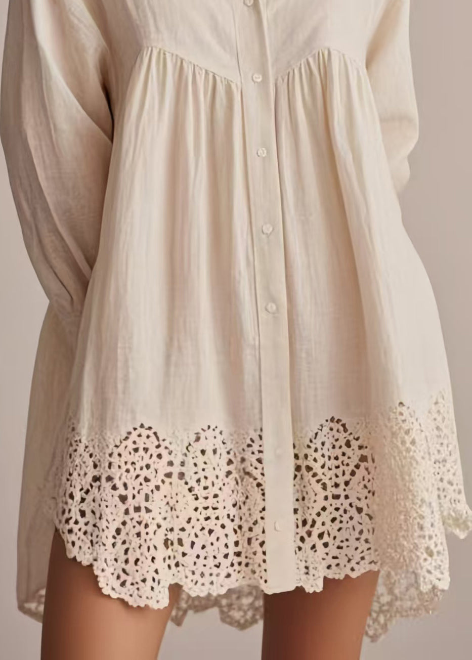 Apricot Oversized Hollow Out Cotton Long Shirts Spring