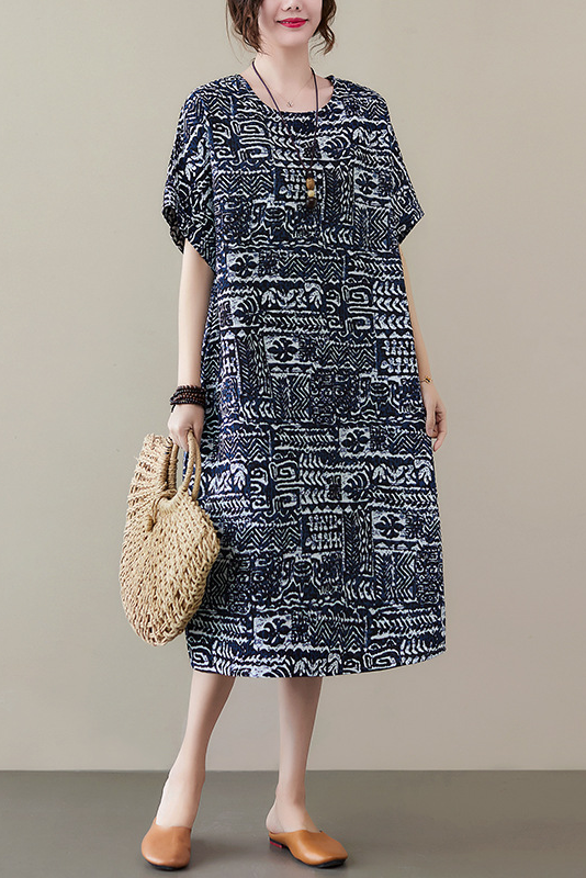 - New Cotton Linen Short Sleeve Dress Printed Long Dress