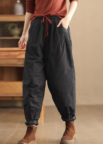 Loose Coffee Pockets Elastic Waist Fine Cotton Filled Pants Winter