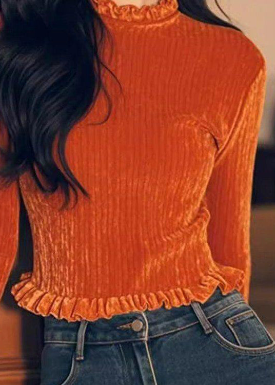 Orange Ruffled Silk Velour T Shirts Spring