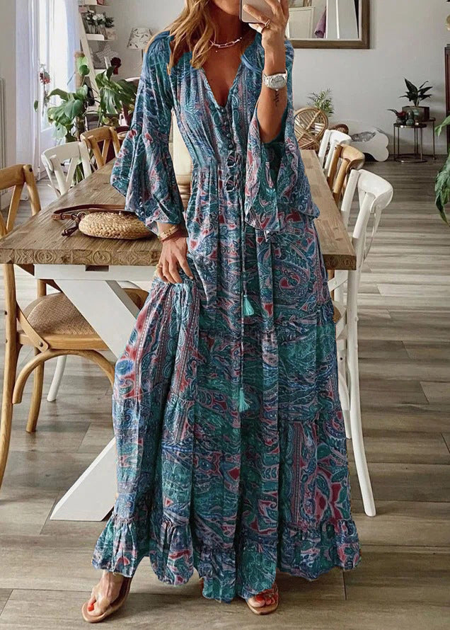 Green V Neck Print Cotton Maxi Dresses Flare Sleeve