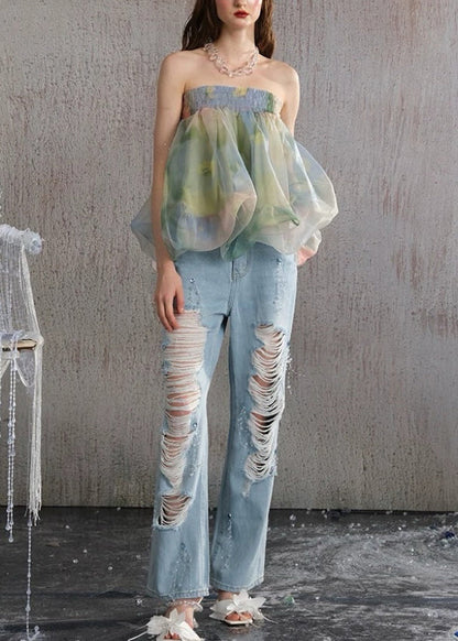 Green Backless Print Chiffon Strapless Vests Summer