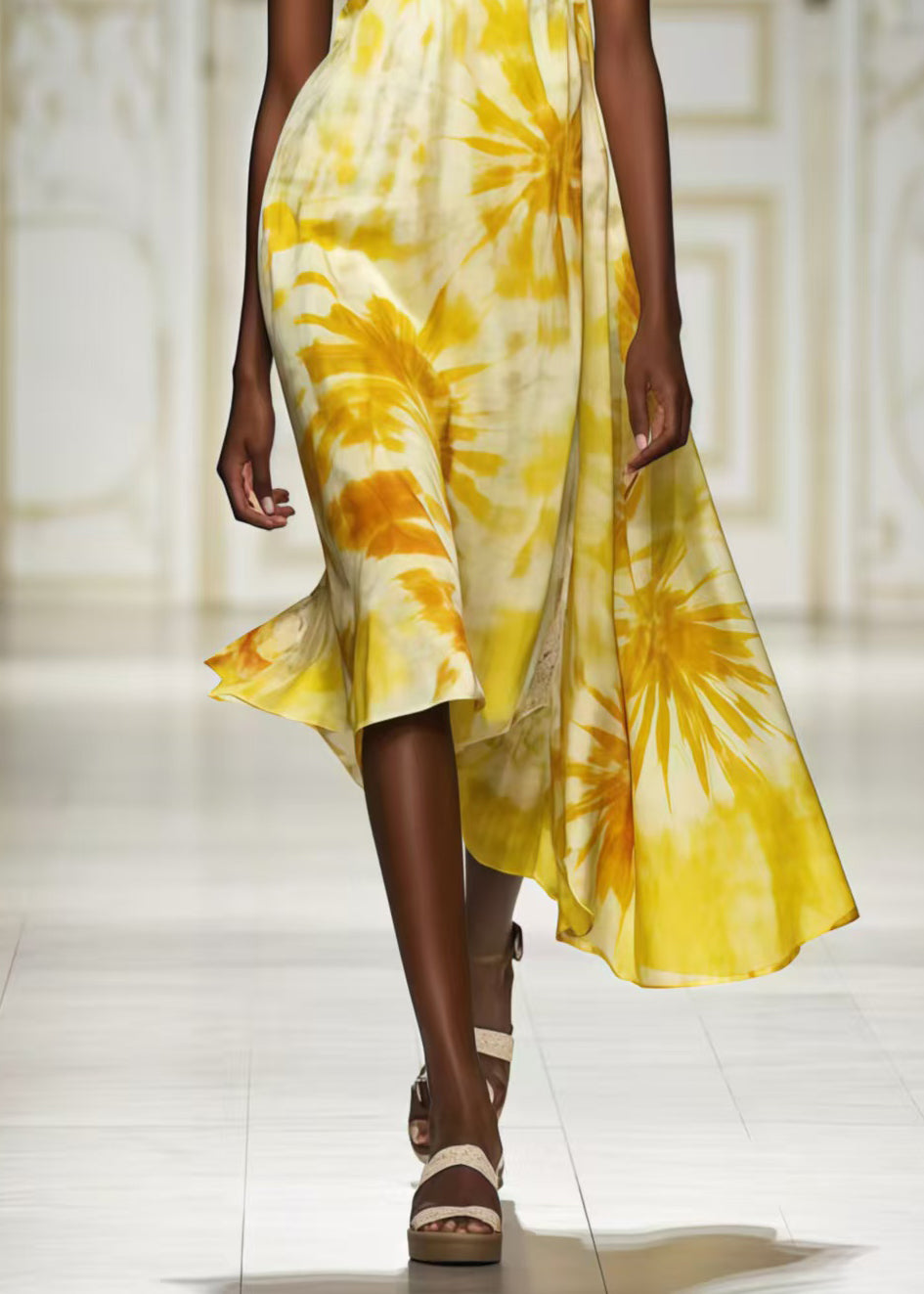 Yellow Print Chiffon Cami Dresses Summer