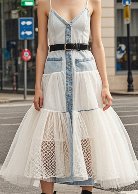 Light Blue Silm Fit Patchwork Tulle Denim Long Dresses Summer