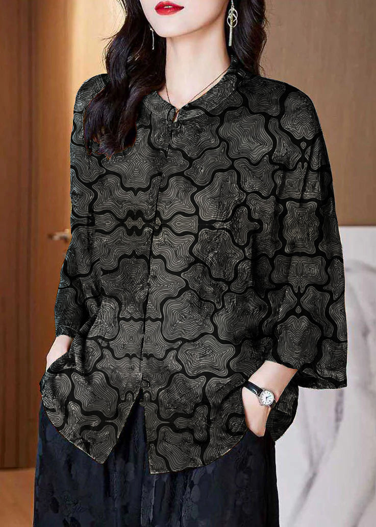 Brown Stand Collar Button Print Patchwork Silk Blouse Top Summer