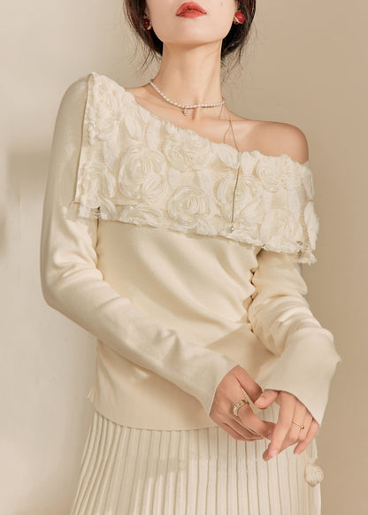 White Cold Shoulder Cotton Knit Sweaters Fall
