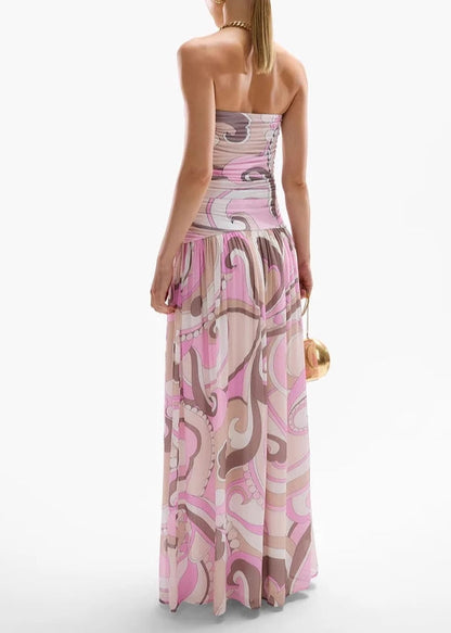 Style Pink Print Wrinkled Chiffon Strapless Dresses Summer