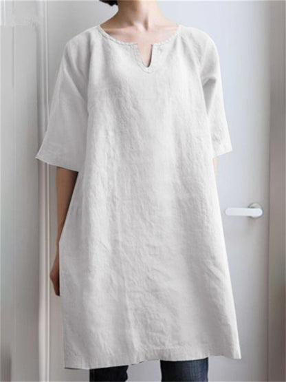 Color V-neck Cotton Linen Shoulder Insert Medium-sleeved Temperament A-line Dresses